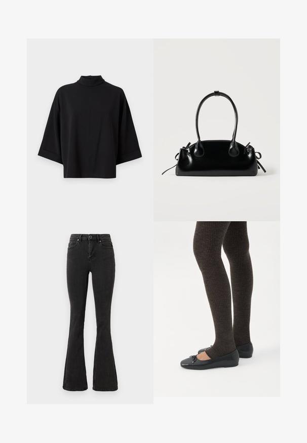 JDY JDYGEGGO - Blouse - black; Zwarte hooggetailleerde flare jeans met voor knoop- en ritsluiting, voor- en achterzakken, en rechte gestikte zomen.; Benen met donkere geribbelde leggings gecombineerd met zwarte ballerina's met kleine strikdetails op een witte achtergrond.; Kleine zwarte glanzende handtas met twee lange hengsels en zijkant trekkoord details op een effen lichte achtergrond.