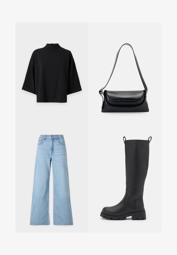 JDY JDYGEGGO - Bluse - black; Lyseblå brede jeans lavet af denim. Høj talje, to forlommer og en slidt finish med subtil tekstur. Syninger langs sømmene.; Sorte knæhøje støvler lavet af glat læder med en kraftig sål og let hæl. Har trækflapper og elastiske sidepaneler for nem påføring.; Sort læderhåndvask med en struktureret form, en glat overflade og en enkelt skulderrem. Har et subtilt, rundet klapdesign.