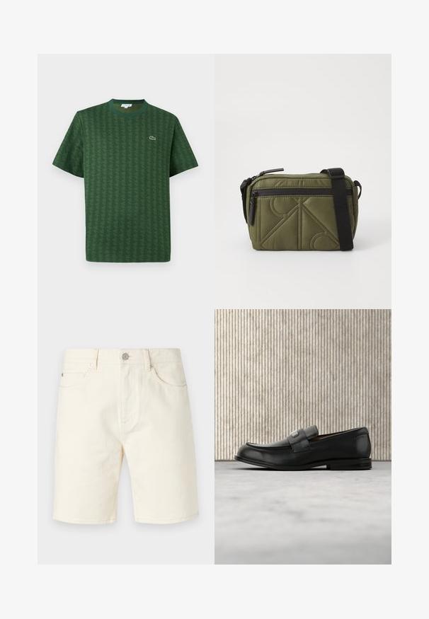 Grünes T-Shirt aus Baumwolle mit einem strukturierten geometrischen Muster. Verfügt über einen gerippten Rundhalsausschnitt und ein kleines Logo auf der Brust.; Helle beige Jeansshorts mit klassischem Schnitt, ausgestattet mit vorderen Taschen, Gürtelschlaufen und einer Knopfverschluss. Glatte Textur in einfarbiger Ausführung.; Schwarzer Lederloafer mit einer Metallmarkenplatte, der nahe einem braunen runden Tisch auf beigem Teppichboden ruht.; Olivgrüner, gepolsterter Stoffbeutel mit einem schwarzen Tragegurt, ausgestattet mit einem oberen Reißverschluss und einer äußeren Reißverschlusstasche, die geometrische Musterakzente zeigt.