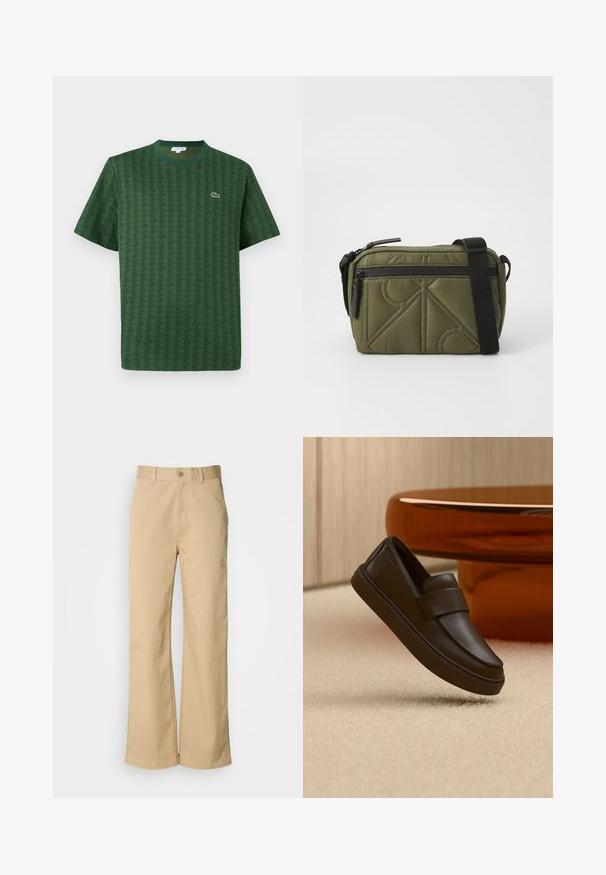Grünes T-Shirt aus Baumwolle mit einem strukturierten geometrischen Muster. Verfügt über einen gerippten Rundhalsausschnitt und ein kleines Logo auf der Brust.; Beige, weit geschnittene Hosen aus einer Baumwollmischung. Mit einem Knopfverschluss und Gürtelschlaufen. Glatte Textur mit minimalen Nähten.; Ein einzelner dunkelbrauner Ledermokassin, der über einem cremefarbenen Teppich mit rundem orangefarbenem Tisch im Hintergrund schwebt.; Olivgrüner, gepolsterter Stoffbeutel mit einem schwarzen Tragegurt, ausgestattet mit einem oberen Reißverschluss und einer äußeren Reißverschlusstasche, die geometrische Musterakzente zeigt.