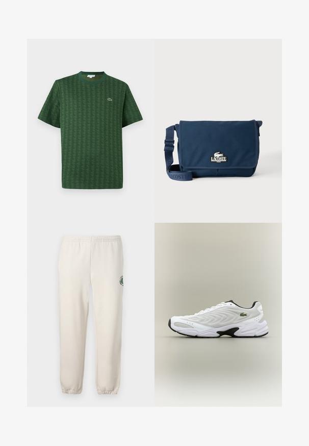 Grünes T-Shirt aus Baumwolle mit einem strukturierten geometrischen Muster. Verfügt über einen gerippten Rundhalsausschnitt und ein kleines Logo auf der Brust.; Helle beige Sweatpants aus Baumwolle mit einem elastischen Bund, gerippten Bündchen und einem grünen Logo mit Blattdesign am linken Bein.; Weißer Sportschuh mit strukturiertem Mesh-Obermaterial, geschwungenem Design und kontrastierender schwarzer Laufsohle. Mit grünem gesticktem Logo an der Seite.; Marineblaue Lacoste Messenger-Tasche mit verstellbarem Riemen und Logo-Patch auf der Vorderklappe, vor einem schlichten hellen Hintergrund.