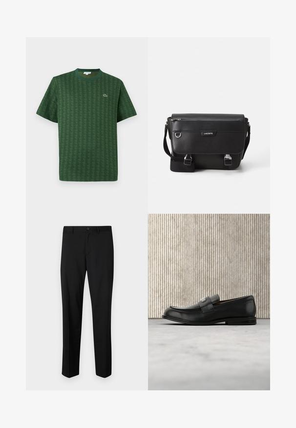 Grünes T-Shirt aus Baumwolle mit einem strukturierten geometrischen Muster. Verfügt über einen gerippten Rundhalsausschnitt und ein kleines Logo auf der Brust.; Schwarze maßgeschneiderte Hose mit flachem Frontschnitt, normaler Taille und geraden Beinen. Hergestellt aus glattem Material, mit einem einzelnen Knopfverschluss.; Schwarzer Lederloafer mit einer Metallmarkenplatte, der nahe einem braunen runden Tisch auf beigem Teppichboden ruht.; Schwarze, strukturierte Lacoste-Umhängetasche mit verstellbarem Tragegurt, Frontklappe, Reißverschlusstasche und Metallschnallen.