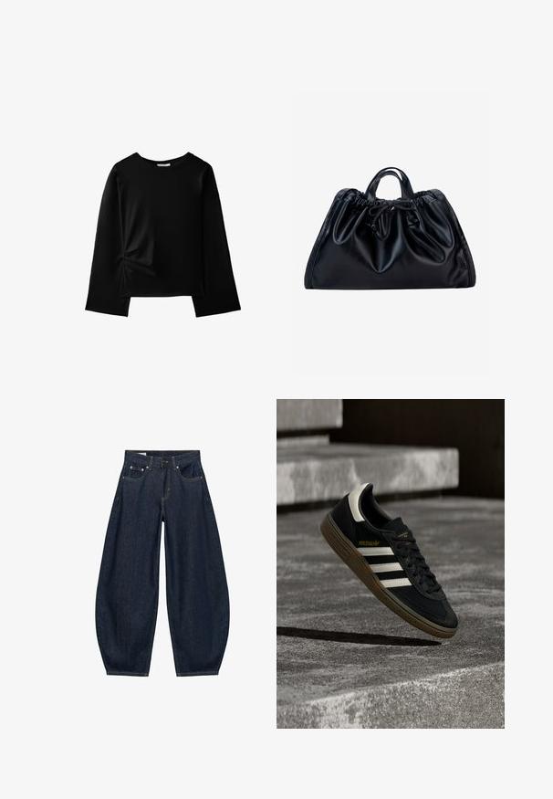 Sort langærmet skjorte med rund halsudskæring og diskret opsamling nær venstre talje, vist på hvid baggrund.; Mørkeblå vidde jeans med frontlommer, bæltestropper og knaplukning i taljen.; Sort Adidas-sneaker med hvide striber og gummisåler, svævende over grå betontrapper i naturligt lys.; Sort lædertaske med rynket top, korte dobbelthåndtag og snørebåndslukning foran i midten mod en hvid baggrund.