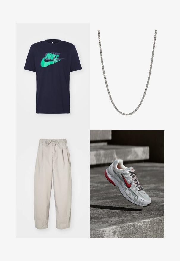 Navyblaue Baumwoll-T-Shirt mit einem grünen und dunkelblauen Nike-Logo-Graphic quer über die Brust. Kurze Ärmel und Rundhalsausschnitt.; Beige, leichte Hose mit elastischem Bund und Zugband. Sie verfügt über Falten und eine lockere Passform, gefertigt aus weichem, glattem Stoff.; Weißer und grauer Nike-Laufschuh mit roten Akzenten und schwarzen Schnürsenkeln, schwebend über grauen Betonstufen.; Metallkettengliedhalskette mit geflochtenem Design, silberner Farbe, glatter Textur und gleichmäßigen Gliedern, geeignet für verschiedene Stile und Anlässe.