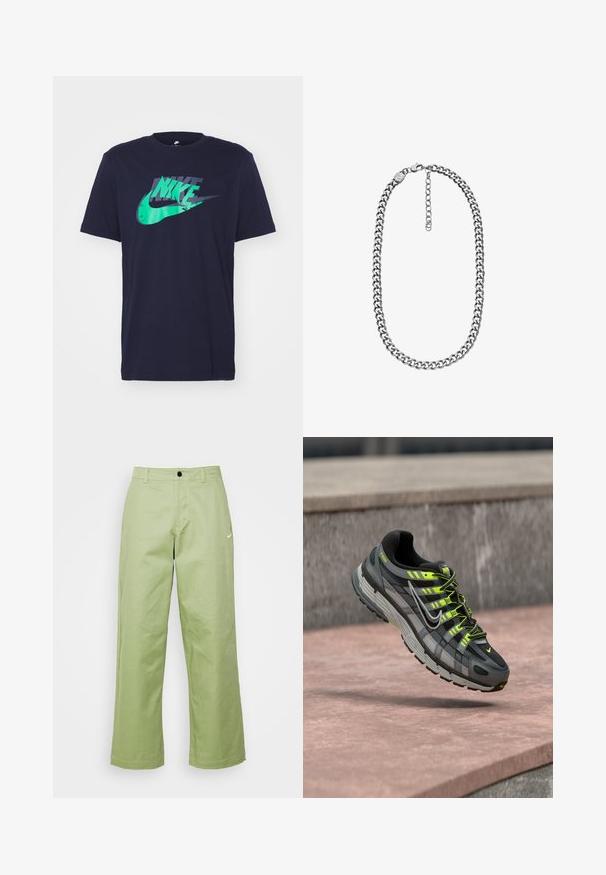 Námornícke modré bavlnené tričko s grafickým logom Nike v zelenej a tmavomodrej farbe naprieč hrudníkom. Krátke rukávy a okrúhly výstrih.; Svetlozelené široké nohavice vyrobené z hladkej tkaniny so zapínaním na gombík, na prednej strane s malým logom Nike.; Čierno-sivá teniska Nike P-6000 s neónovo žltými detailmi a šnúrkami, ktorá visí nad ružovým betónovým povrchom.; Náhrdelník so striebornou curb reťazou s karabínovým zapínaním a nastaviteľnou predlžovacou retiazkou na bielom pozadí.
