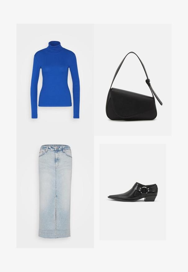 Top de cuello alto de manga larga azul fabricado en material acanalado, con una silueta ajustada y textura suave. No se presentan detalles adicionales.; Falda de mezclilla azul claro con un diseño recto, hasta la rodilla, que presenta una abertura delantera, dobladillo deshilachado y estilo de cinco bolsillos.; Botas de cuero negras hasta el tobillo con puntera puntiaguda, que presentan una correa de cuero en la parte delantera y un detalle de hebilla plateada, además de un tacón bajo y cuadrado.; Bolso de mano de cuero negro con forma triangular, tapa en ángulo y un asa superior redondeada. Presenta una textura suave y detalles de diseño minimalistas.