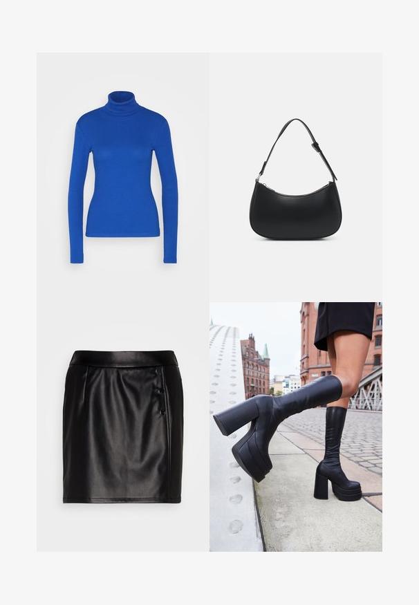 Top de cuello alto de manga larga azul fabricado en material acanalado, con una silueta ajustada y textura suave. No se presentan detalles adicionales.; VILA VITALLA BUTTON SKIRT - Minifalda - black/silver; Botas de plataforma negras hasta la rodilla, hechas de cuero suave, con gruesos tacones cuadrados y un diseño elegante, situadas frente a un fondo de ciudad.; Pieces PCALUANA SHOULDER BAG - Bolso de mano - black