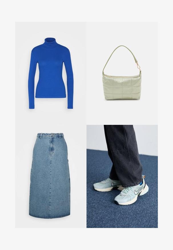 Blå langærmet turtleneck top lavet af ribbet materiale, med en tætsiddende silhuet og glat tekstur. Ingen yderligere detaljer til stede.; Obey Clothing JUNIPER MIDI SKIRT - A-snit nederdel - stonewash indigo; Lyseblå mesh Nike sneakers med struktureret finish, sort swoosh og cremefarvet mellemsål, parret med mørkegrå vide bukser.; Polstret grøn skuldertaske med blød tekstur, rektangulær form, enkelt strop og lynlås i guldtoner. Har et quiltet mønster.