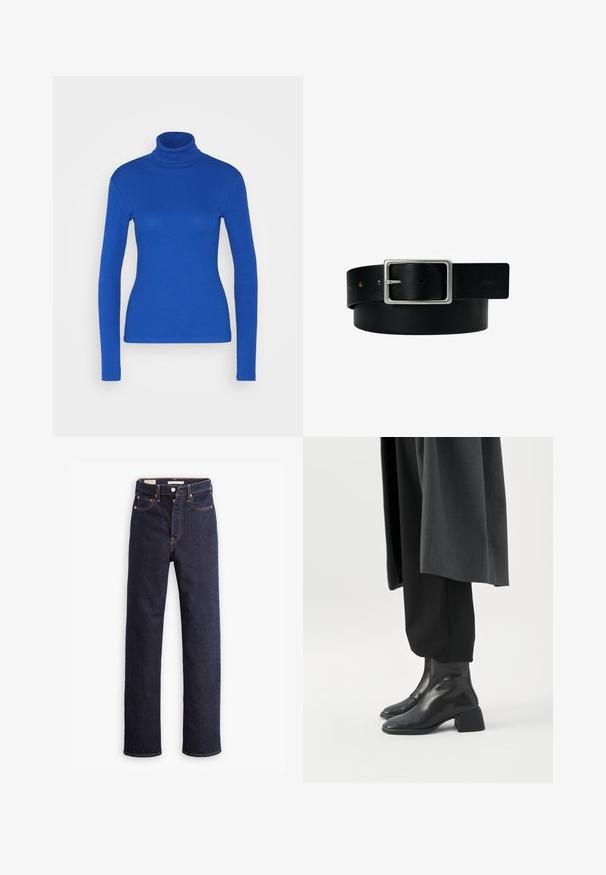 Blå langærmet turtleneck top lavet af ribbet materiale, med en tætsiddende silhuet og glat tekstur. Ingen yderligere detaljer til stede.; Mørkeblå straight-leg denim jeans med fem lommer og synlig orange syning på hvid baggrund.; Sorte læderankelstøvler med lave blokhæle, båret med sorte bukser og en mørkegrå lang frakke.; Sort læderbælte med sølv rektangulært spænde og flere justeringshuller, lagt fladt på en hvid baggrund.