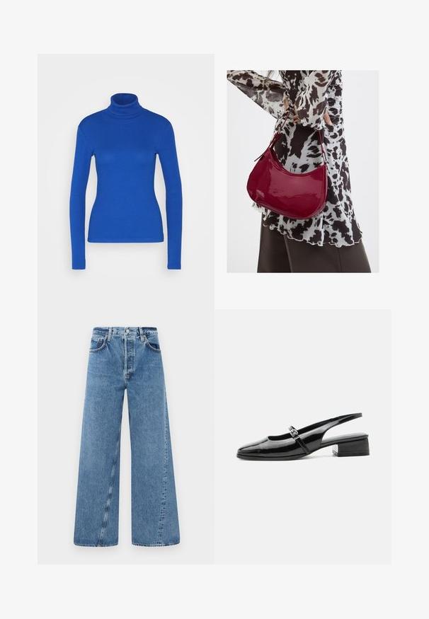 Modrý dlhý rukáv turtleneck top vyrobený z rebrového materiálu, s priliehavým strihom a hladkou textúrou. Žiadne ďalšie detaily nie sú prítomné.; Džíny z modrej denimu s širokými nohavicami a vysokým pásom, zapínanie na gombík a predné vrecká. Tkanina má jemnú textúru a vybledlý vzhľad.; Čierna lodička slingback z lesklej kože s nízkym širokým podpätkom a tenkým remienkom so striebornou prackou na vrchu.; Žena v čierno-bielom vzorovanom blúzke drží lesklú červenú kabelku cez rameno na jednofarebnom pozadí.