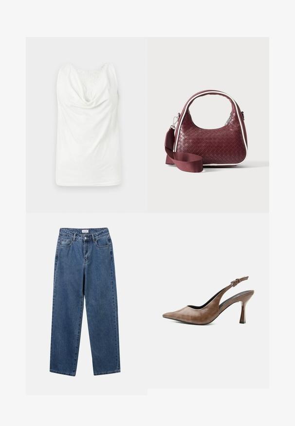 Blouse blanche sans manches avec col bénitier et panneau en dentelle sur le haut de la poitrine, présentée à plat sur un fond clair.; Jean en denim bleu classique avec une coupe droite, cinq poches et une fermeture par bouton. Présente un lavage moyen et une texture robuste.; Chaussure slingback en cuir marron à talons hauts, bout pointu, bride ajustable à boucle et talon fin et effilé.; Sac à main en cuir tressé marron foncé avec poignée courbée, garniture blanche, fermeture éclair argentée et bandoulière large en tissu amovible sur fond uni.