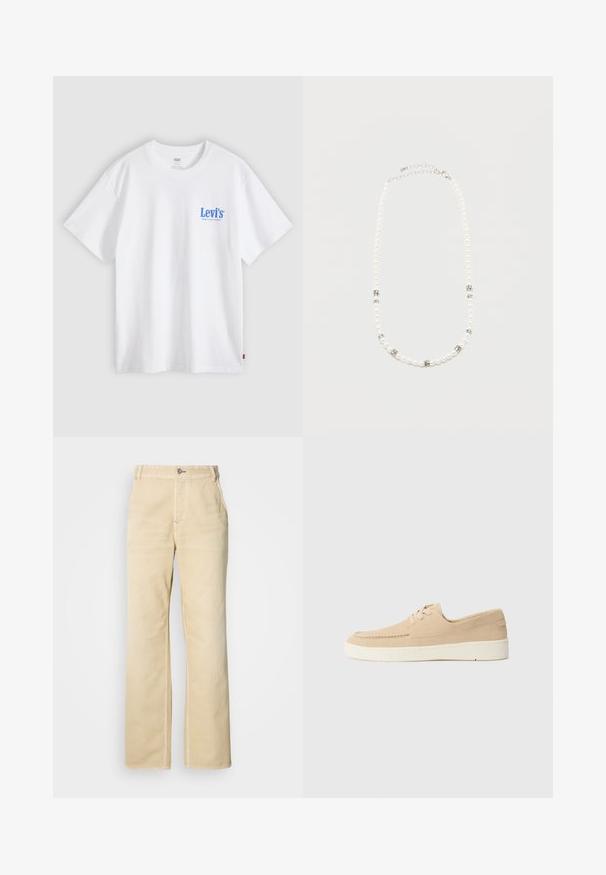 Λευκό κοντομάνικο t-shirt Levi's με μπλε λογότυπο στο αριστερό στήθος και μικρή κόκκινη ετικέτα στη πλευρική ραφή, πάνω σε ανοιχτό γκρι φόντο.; Χακί παντελόνια με φαρδιά γραμμή από απαλό βαμβάκι, με ένα κούμπωμα με κουμπί, τσέπες μπροστά και ορατές ραφές κατά μήκος των ραφών.; Μπεζ σουέτ παπούτσια με κορδόνια και λευκή καουτσούκ σόλα. Διαθέτουν ραμμένη σχεδίαση και χαμηλή κοπή, προσφέροντας έναν απλό, μινιμαλιστικό στυλ.; Λευκό κολιέ από πέρλες με ασημένια διαχωριστικά από στρας και ασημένιο κούμπωμα αλυσίδας, παρουσιασμένο σε απλό ανοιχτό φόντο.
