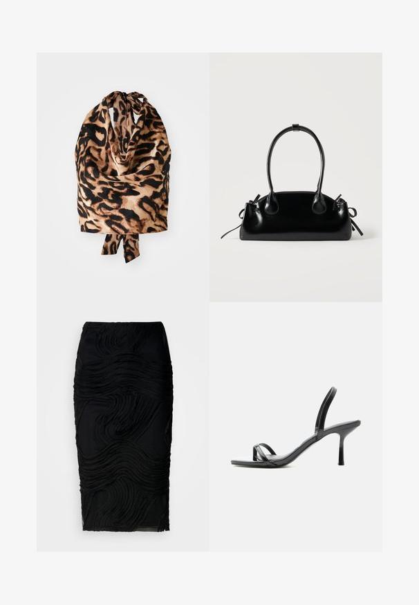 Læderpræget tørklæde med en let, silkeagtig tekstur i sort og beige nuancer; bundet øverst med en lille sløjfe.; Sort knælang blyantskirt med forhøjede bølgeformede teksturmønstre og en tætsiddende silhuet.; Sort sandal med høje hæle med tynde remme over tæerne og omkring anklen, skinnende finish og en tynd stiletthæl.; Lille sort blank håndtaske med to lange håndtag og snøre-detaljer i siden på en ensfarvet lys baggrund.