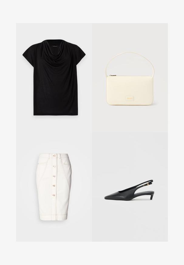 Haut noir à manches courtes avec un col drapé. Fabriqué en tissu doux et léger, il présente une coupe ample et une texture lisse.; Jupe en denim blanc avec un bouton à l'avant, couture visible et une silhouette crayon. Pas de poches visibles. Texture lisse.; Des escarpins à talon ouvert noirs avec un bout pointu, une texture en cuir lisse, un petit talon aiguille, et une sangle avec un accent de boucle en métal.; Sac à main rectangulaire de couleur crème avec une seule sangle et une fermeture éclair sur le dessus, comportant une petite plaque de logo embossé à l'avant.
