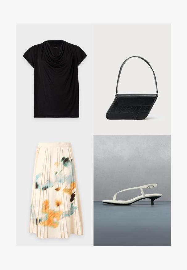 Haut noir à manches courtes avec un col drapé. Fabriqué en tissu doux et léger, il présente une coupe ample et une texture lisse.; Jupe midi plissée crème avec un imprimé abstrait bleu, orange, noir et jaune style aquarelle.; Sandale blanche à talon kitten avec des lanières et un bout pointu, flottant au-dessus d'un sol en carrelage en bois en plein air avec un arrière-plan flou de plante et de mur.; Sac d'épaule en cuir noir de forme triangulaire, avec un logo embossé et une seule bandoulière réglable. Design minimaliste avec une texture lisse.