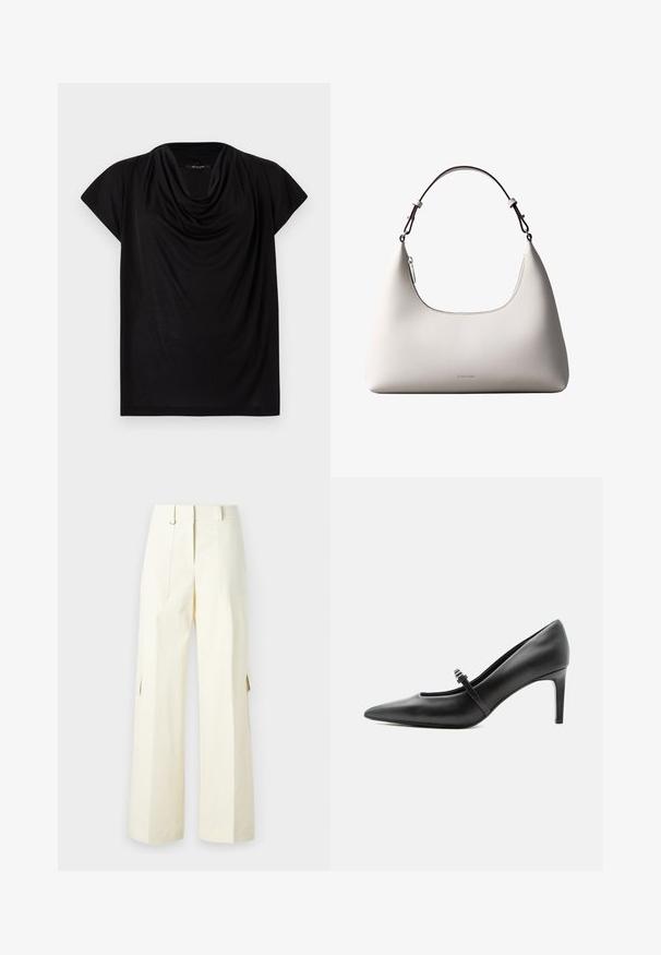 Haut noir à manches courtes avec un col drapé. Fabriqué en tissu doux et léger, il présente une coupe ample et une texture lisse.; Pantalons cargo à jambes larges en tissu crème clair, dotés de poches à rabat, d'une taille haute et de fentes latérales pour un détail et une fonctionnalité supplémentaires.; Escarpin noir en cuir à bout pointu avec une fine bride et une boucle sur le cou-de-pied, posé sur un fond clair neutre.; Sac à bandoulière en cuir couleur crème de Calvin Klein avec bord supérieur incurvé, fermeture éclair argentée et sangle ajustable brun foncé.