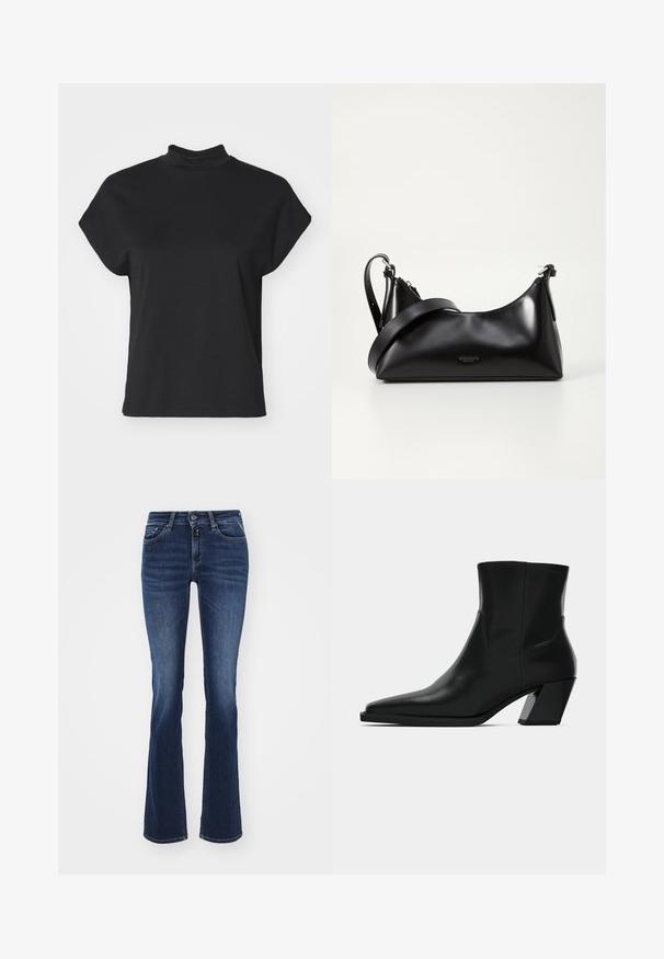 Schwarzes kurzärmliges T-Shirt mit hohem Ausschnitt, aus einem glatten Material gefertigt, mit entspannter Passform und geradem Saum.; Ausgestellt geschnittene dunkelblaue Jeans aus Denim, mit einem klassischen Fünf-Taschen-Design, Reißverschluss und Knopfverschluss vorne. Glatte Textur und mittelhohe Passform.; Schwarze Leder-Stiefelette mit spitzem Zeh, schlanker Silhouette und klobigem quadratischem Absatz. Glatte Textur mit minimalen Nähdetails.; Schwarze lederne Handtasche mit glatter Textur. Verfügt über einen verstellbaren Riemen und ein elegantes, minimalistisches Design mit einem Reißverschluss.