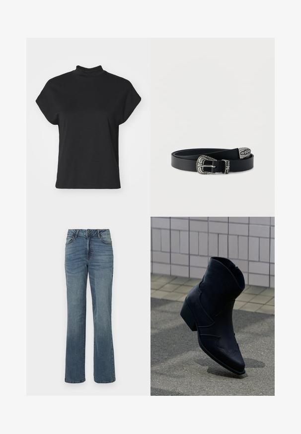 Zwarte korte mouwen t-shirt met een hoge hals, gemaakt van een gladde stof, met een losse pasvorm en een rechte zoom.; Blauwe rechte jeans van denim met een sluiting met een knoop en ritssluiting aan de voorkant, voor- en achterzakken en subtiele vervagingdetails.; Zwarte leren enkellaars met lage hak, decoratieve stiksels en puntige neus, rechtop geplaatst op een betegelde ondergrond naast een betegelde muur.; Zwarte leren riem met sierlijke zilveren gesp, lus en uiteinde voorzien van bloemrijke en decoratieve gravures, opgerold op een witte achtergrond.