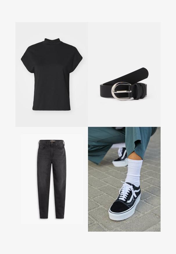 Schwarzes kurzärmliges T-Shirt mit hohem Ausschnitt, aus einem glatten Material gefertigt, mit entspannter Passform und geradem Saum.; Schwarze hochgeschnittene Slim-Fit-Jeans mit Vorder- und Gesäßtaschen, Knopfverschluss und Gürtelschlaufen, auf einem weißen Hintergrund präsentiert.; Schwarze Wildledersneaker mit weißen Akzenten und Schnürsenkeln, ausgestattet mit einer dicken weißen Sohle und kontrastierenden Nähten, kombiniert mit einer weißen Socke.; Schwarzer Leder-Gürtel mit glatter Textur, ausgestattet mit einer silberfarbigen Metallschnalle und einfachen Schlaufenakzenten. Das Design ist elegant und minimalistisch.