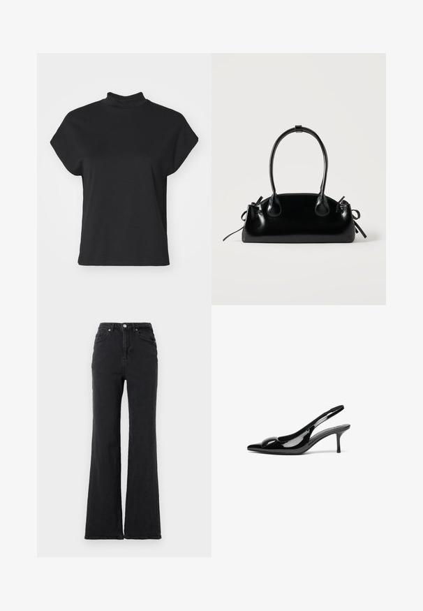 Schwarzes kurzärmliges T-Shirt mit hohem Ausschnitt, aus einem glatten Material gefertigt, mit entspannter Passform und geradem Saum.; Schwarze, hoch taillierte Jeans mit einem ausgestellten Bein, Knopfverschluss vorne und fünf Taschen-Design vor einem schlichten weißen Hintergrund.; Schwarze patentierte Slingback-Absätze mit spitzem Zehenbereich und glänzender Oberfläche. Besitzt einen schlanken Absatz und eine abgerundete Akzentuierung am Schuhoberteil.; Kleine schwarze glänzende Handtasche mit zwei langen Griffen und seitlichen Kordelzug-Details vor einfachem hellem Hintergrund.