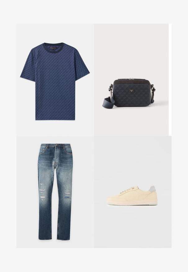 T-shirt en coton bleu marine avec un motif géométrique du logo MK. Doté d'un col rond et de manches courtes, avec un tissu texturé sur l'ensemble.; Jean en denim bleu délavé avec une coupe droite et des détails usés sur les cuisses et les genoux sur un fond blanc.; Baskets basses beige à lacets, semelle rose clair et languette grise à l'arrière marquée "Filling Pieces", vues de profil sur fond uni.; Sac bandoulière rectangulaire bleu foncé avec sangle réglable, fermeture éclair et motif subtil du logo sur le panneau avant.