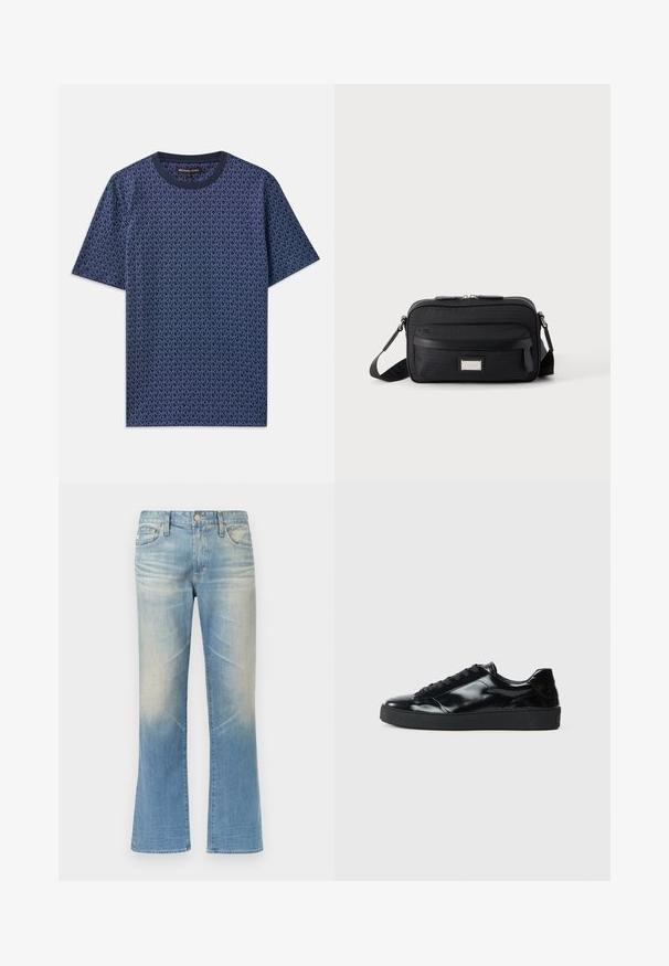 T-shirt en coton bleu marine avec un motif géométrique du logo MK. Doté d'un col rond et de manches courtes, avec un tissu texturé sur l'ensemble.; Jean évasé en denim bleu clair avec une finition délavée, design à cinq poches, fermeture par bouton en métal et ourlets droits.; Baskets en cuir verni noir avec un bout arrondi, un laçage, une semelle en caoutchouc texturé et une finition lisse.; Sac bandoulière rectangulaire noir avec poche avant zippée, sangle réglable et plaque logo rectangulaire argentée sur fond uni.