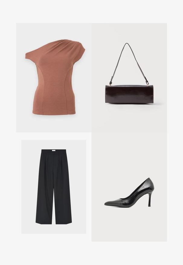 Haut marron sans manches avec un décolleté asymétrique et un détail de tissu drapé sur une épaule, silhouette ajustée.; Pantalon noir à jambes larges avec plis sur le devant, passants pour ceinture et poches latérales sur un fond clair uni.; Chaussure à talon haut pour femme en cuir verni noir avec bout pointu et talon fin sur fond clair uni.; Sac à main rectangulaire en cuir noir avec une longue bandoulière unique et une finition brillante, présenté sur un fond blanc uni.