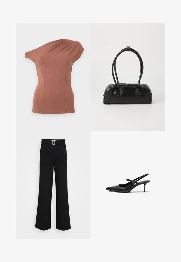 Haut marron sans manches avec un décolleté asymétrique et un détail de tissu drapé sur une épaule, silhouette ajustée.; Pantalons larges noirs en tissu léger, présentant une texture lisse, des plis avant et une ceinture avec une boucle en métal carrée.; Talons aiguilles noires en cuir avec un bout pointu, une fine bride réglable, et un talon aiguille d'environ 5 cm, texture lisse.; Sac à main en cuir noir avec deux anses allongées, fermeture éclair et forme arrondie ; texture lisse avec une finition légèrement brillante.