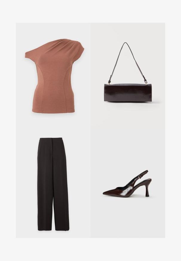 Haut marron sans manches avec un décolleté asymétrique et un détail de tissu drapé sur une épaule, silhouette ajustée.; Pantalon noir taille haute à jambes larges avec un devant plat et une fermeture dissimulée, présenté sur un fond clair uni.; Talons slingback en cuir verni brun avec un bout pointu, un talon fin, et une sangle réglable avec une petite boucle.; Sac à main rectangulaire en cuir noir avec une longue bandoulière unique et une finition brillante, présenté sur un fond blanc uni.