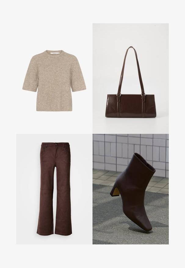 Beige korte mouwen trui gemaakt van zachte brei-stof, met een ronde halslijn en een relaxte pasvorm. De textuur is licht verweven.; Bruine flared pants van een zachte, suede-achtige stof. Beschikt over vier zakken, een knoopsluiting en een gladde, gestructureerde oppervlakte.; Donkerbruine leren enkellaars met blokhak staand op een getextureerd trottoir, lichte betegelde muur op de achtergrond.; Bruine lakleren handtas met een rechthoekige vorm, twee lange handvatten en subtiele gebogen accenten aan de voorkant.
