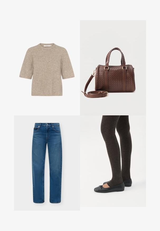 Pull léger beige à manches courtes en tricot doux, avec un col rond et une coupe décontractée. La texture est légèrement duveteuse.; Jean denim bleu droit avec bouton et fermeture éclair à l'avant, style cinq poches sur un fond clair uni.; Jambes portant des leggings côtelés foncés associés à des ballerines noires avec de petits détails en nœud sur fond blanc.; Sac à main en cuir tressé marron foncé avec poignées jumelles tressées, ferrures dorées et bandoulière amovible enroulée à l'avant.