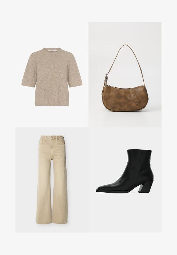 Beige kortærmet sweater lavet af blødt strikstof med en rund halsudskæring og en afslappet pasform. Teksturen er en smule fuzzy.; Beige højtaljede vide ben jeans med forreste knap og lynlås, for- og baglommer samt bæltestropper på en hvid baggrund.; Sortlæder ankelstøvle med spids tå, en slank silhuet og en kraftig firkantet hæl. Glat tekstur med minimale stikninger.; Brun faux læder skuldertaske med en buet form, en enkelt strop, kontrasterende syninger og en lynlåslukning langs den øverste kant.