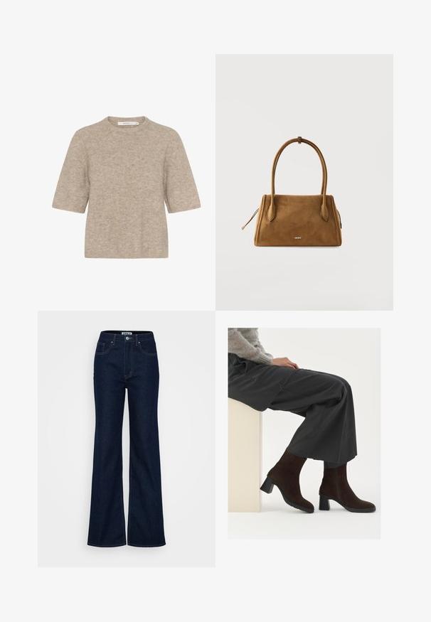 Beige korte mouwen trui gemaakt van zachte brei-stof, met een ronde halslijn en een relaxte pasvorm. De textuur is licht verweven.; ONLY Tall ONLJUICY WIDE RINSE - Wide leg - dark blue denim; Bruine suède enkellaarsjes met een blokhak en een rits aan de zijkant, gecombineerd met losse grijze broek, zittend tegen een lichtgekleurde voetstuk.; Bruine suède DKNY handtas met twee lange hengsels en een ritssluiting, weergegeven tegen een effen witte achtergrond.