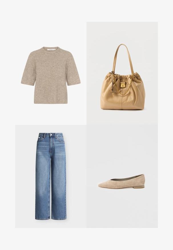 Beige korte mouwen trui gemaakt van zachte brei-stof, met een ronde halslijn en een relaxte pasvorm. De textuur is licht verweven.; Blauwe denim jeans met een hoge taille en wijde pijpen, met voorzakken, riemlussen, knoopsluiting en lichte vervaging op de dijen.; Beige suède damesschoen met platte zool, een puntige neus en een kleine hak, zijaanzicht op een lichte effen achtergrond.; Beige leren handtas met lange banden, een gouden kettingdetail, trekkoordsluiting aan de bovenkant en een klein voorste sluiting met het label Marc Jacobs.