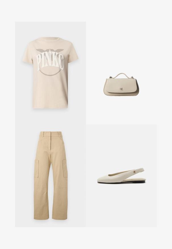 Beige t-paita, jossa on valkoinen "PINKO"-logo kehysmuodossa. Lyhyet hihat ja rento istuvuus. Sileä pinta.; Beige cargo-housut, jotka on valmistettu puuvillasta. Niissä on korkea vyötärö, leveät lahkeet, kaksi sivutaskua ja kaksi suurta cargo-taskua reiden kohdalla.; Kermanvärinen nahkainen slingback-tasapohjakenkä, jossa pyöreä kärki ja pieni kullanvärinen merkki remmissä.; Pieni beige nahkainen käsilaukku yläkahvalla ja hopeisella CK-logolla etutaskun läpissä, valkoista taustaa vasten.