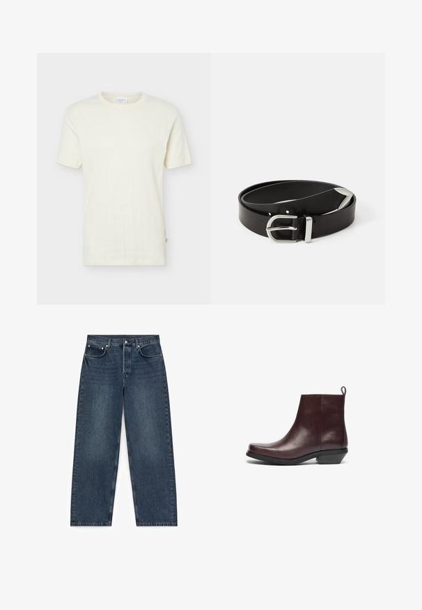 Pull en tricot couleur crème à manches courtes avec des motifs torsadés verticaux subtils et un col rond.; Jean en denim bleu foncé à jambes droites avec cinq poches et fermeture par boutons, étalé à plat sur un fond blanc.; Bottines en cuir bordeaux avec un bout rond, au design minimaliste, un petit talon carré et une sangle de tirage à l'arrière. Texture et finition lisses.; Ceinture en cuir noir avec une boucle en métal argenté, présentant un design classique et une texture lisse. Comprend des trous pour un ajustement flexible.