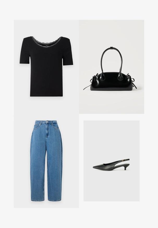 Musthave musta lühikese varrukaga t-särk, mis on valmistatud pehmest kangast, millel on laineline pitsist kaelus. Lihtne, mugav disain, ilma mustrite või aksessuaarideta.; Heledad denim püksid, sirge sääre lõikega, kõrge vöökoht ja eesmine nuppe sulgemine. Omab viit taskut ja minimaalseid õmblusdetailide.; Must musta säärega king, mis on valmistatud siledast nahast. Omab peenikest kontsa ja reguleeritaval rihmal on pandla detail.; Väike must läikiv käekott kahe pika sangaga ja külgedel paelakinnitustega, ühel lihtsal helel taustal.