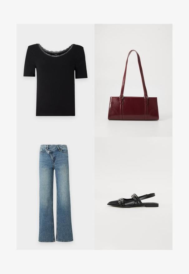 T-shirt noir à manches courtes en tissu doux, doté d'un col en dentelle festonnée. Design simple et ajusté, sans motifs ni accents.; Jean en denim bleu clair à jambes larges avec une taille haute, un délavage clair et une fermeture à bouton à l'avant. Comprend cinq poches et des coutures minimales.; Even&Odd Ballerines à brides arrière - black; Sac à main bordeaux en matériau brillant, de forme rectangulaire, avec deux anses et des accents légèrement courbés à l'avant.
