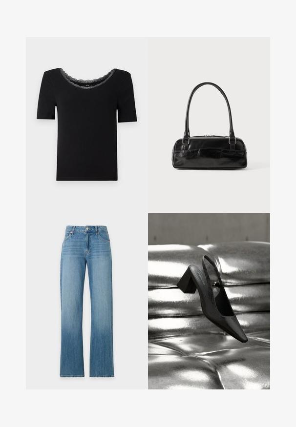 T-shirt noir à manches courtes en tissu doux, doté d'un col en dentelle festonnée. Design simple et ajusté, sans motifs ni accents.; Jean en denim bleu clair avec une taille haute, des jambes droites larges, des poches avant, et une fermeture par bouton et zip à l'avant.; Escarpin noir à bride arrière avec bout pointu, présentant une surface texturée et un talon bloc épais. Posé sur un fond métallique brillant.; Sac à main en cuir noir de forme rectangulaire, doté d'une seule ansse structurée, de quincaillerie argentée et d'une fermeture éclair. Texture lisse.