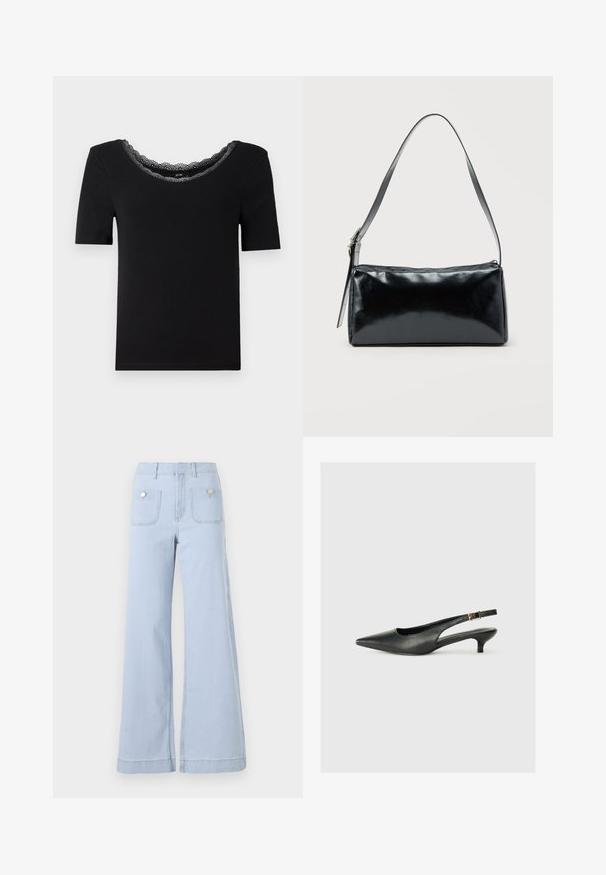 Schwarz kurzärmliges T-Shirt aus weichem Stoff, mit einem wellenförmigen Spitzenkragen. Einfaches, eng anliegendes Design ohne Muster oder Akzente.; Helle blaue, weit geschnittene Jeans aus Denim mit hoher Taille, großen vorderen Taschen und metallischen Akzenten auf den Gesäßtaschen.; Schwarzer Slingback-Schuh mit spitzem Zehenbereich aus glattem Leder. Mit einem dünnen Absatz und einer dekorativen Schnalle am verstellbaren Riemen.; Schwarze rechteckige Schultertasche mit einem verstellbaren Riemen und einem oberen Reißverschluss vor einfachem Hintergrund.