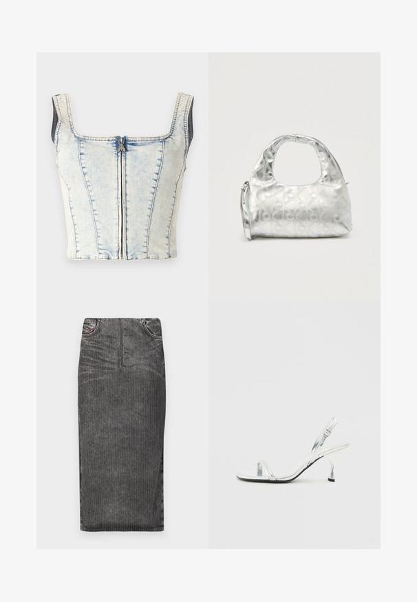 Denim crop top med firkantet udskæring, lyseblå vask, synlig frontlynlås og tykke stropper. Har lodret sømdetaljering overalt.; Grå denim midi-skjørt med vertikale striber, med høj talje, fem lomme-design og en ren kant.; Sølv patentlæder slingback højhælede sandal med en smal tårem, justerbar spænde og en slank hæl.; Sølvhåndtaske med et struktureret mønster af geometriske former og cirkler, der har et afrundet håndtag og en aftagelig rem.