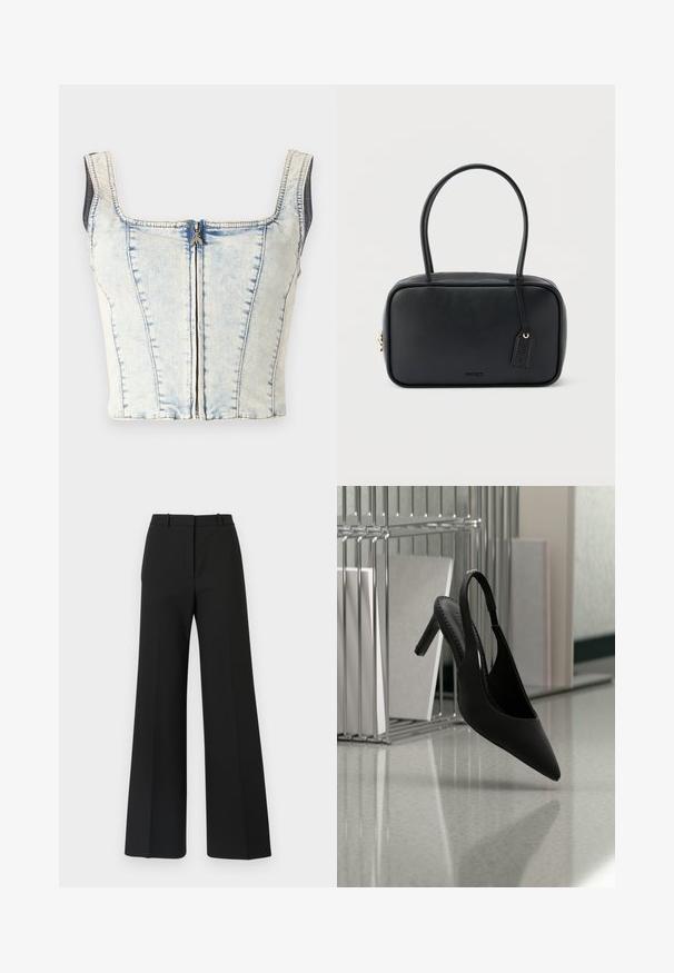 Denim crop top med firkantet udskæring, lyseblå vask, synlig frontlynlås og tykke stropper. Har lodret sømdetaljering overalt.; Sorte buks med vide ben og skræddersyet design, der har en glat tekstur og subtile plisseringer foran. Ingen synlige detaljer eller mønstre.; Sort spids tå slingback højhælet sko svævende i luften over en skinnende gulv med stablede ringbind i baggrunden.; Sort rektangulær håndtaske med dobbelte runde håndtag, gylden lynlås og præget "HUGO"-logo foran med fastgjort lædermærke.