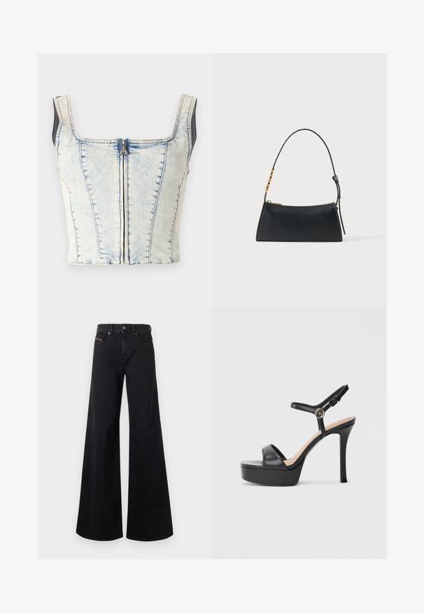 Denim crop top med firkantet udskæring, lyseblå vask, synlig frontlynlås og tykke stropper. Har lodret sømdetaljering overalt.; Sorte jeans med brede ben lavet af denim, der har høj talje, knaplukning, forlommer og minimale syningsdetaljer.; Sorte platformsandaler med høj stiletthæl, der har en glat læderoverdel, peep toe-design og en justerbar ankelrem med metalbeslag.; Sort læderhåndtaske med en guldlås og justerbar rem med gyldne rektangulære detaljer på en hvid baggrund.