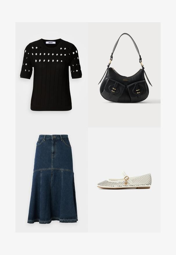 Pull en tricot noir avec des manches courtes, texture côtelée et encolure ronde. Plusieurs découpes créent un motif sur le devant.; Jupe en denim bleu foncé à forme évasée, avec une taille haute, des poches avant et un ourlet brut. Texture usée et détails de couture.; Chaussure plate blanche pour femme avec découpes en forme de diamant, bride Mary Jane avec boucle dorée et petit pendentif rond, semelle couleur beige, vue de côté.; Sac à main en cuir noir avec bandoulière réglable, deux poches avant à boucle, ferrures dorées et logo « Coccinelle » en haut au centre.