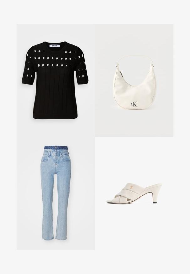 Sort strikket sweater med korte ærmer, ribbet tekstur og rund halsudskæring. Flere udskæringer danner et mønster hen over forsiden.; Lyseblå denim jeans med høj talje, let udvidede ben og et mønstret blåt bælte. Har forlommer og knappelukning.; Beige højhælede mules med et snoet læderstropdesign, åben tå og præget logoaccent. Hælen har en sort spidsdetalje.; Lille hvid halvmåneformet håndtaske med kort rem, lynlås og sort "cK"-logo foran.