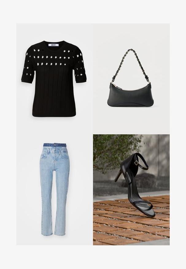 Suéter negro de punto con mangas cortas, textura acanalada y escote redondo. Múltiples agujeros recortados crean un patrón en la parte frontal.; Jeans de mezclilla azul claro con una cintura alta, piernas ligeramente acampanadas y una cinturilla de patrones azules. Presenta bolsillos frontales y un cierre de botón.; Sandalia negra de tacón alto con correa en el tobillo, parece suspendida sobre un suelo de baldosas de madera al aire libre, con un fondo difuminado de vegetación y piedra.; Bolso de hombro de cuero negro con forma rectangular curvada, cadena dorada entrelazada en una correa negra trenzada y cierre superior con cremallera.