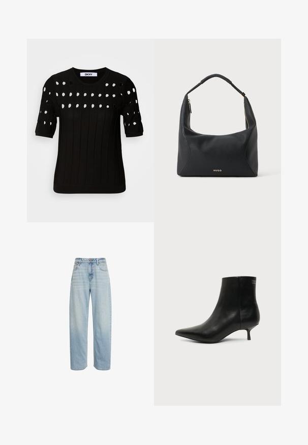 Pull en tricot noir avec des manches courtes, texture côtelée et encolure ronde. Plusieurs découpes créent un motif sur le devant.; Jean bleu clair taille haute, coupe droite, avec cinq poches et fermeture par bouton, présenté sur fond blanc.; Bottine en cuir noir avec bout pointu et petit talon kitten sur fond clair, vue côté extérieur.; Sac à épaule en cuir noir avec anse tressée, détail de fermeture éclair dorée et petit logo "HUGO" doré au centre à l'avant.