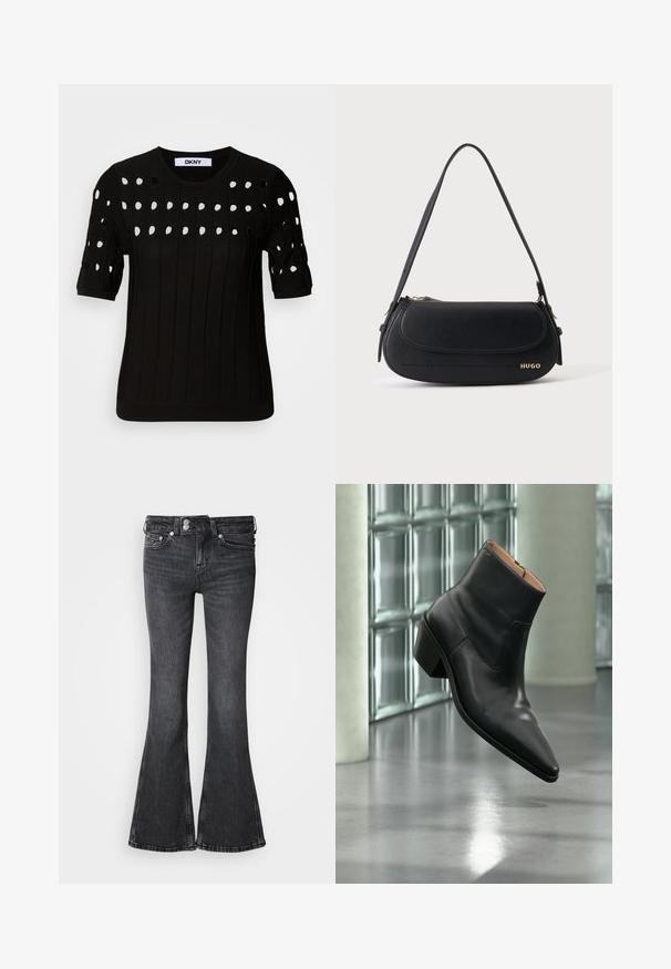 Sort strikket sweater med korte ærmer, ribbet tekstur og rund halsudskæring. Flere udskæringer danner et mønster hen over forsiden.; Sorte jeans med vidde, lavet af denim, med talje i midten, fem lommer og en syet kant. Dekorativt logo på bageste linning.; Sort læderankelstøvle med spids tå og blokhæl, der svæver over en reflekterende grå gulv nær en væg af glasblokke.; Sort skuldertaske i læder med buet klap, guld "HUGO" logo på forsiden og enkelt justerbar strop.