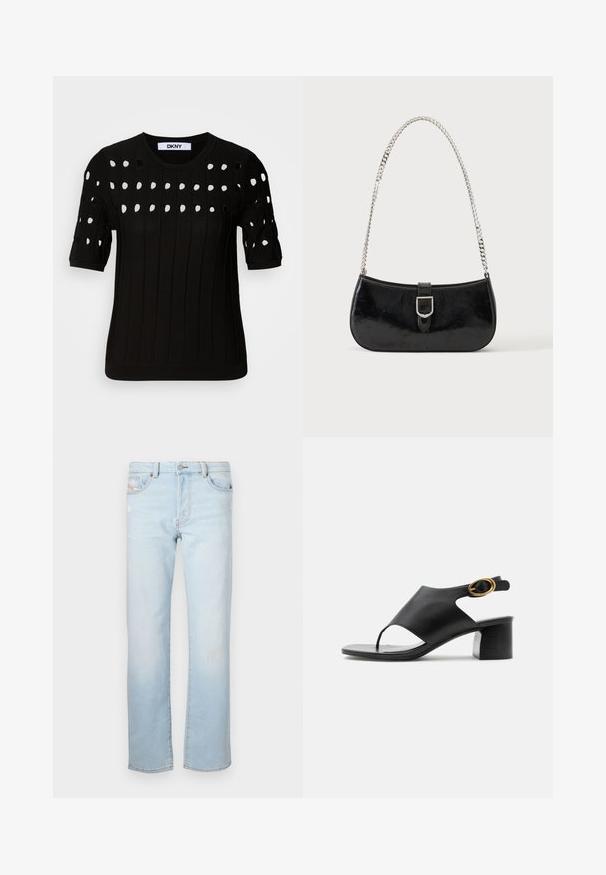 Sort strikket sweater med korte ærmer, ribbet tekstur og rund halsudskæring. Flere udskæringer danner et mønster hen over forsiden.; Lyseblå denimjeans med lige pasform, der har let slid, fem lommer og knaplukning.; Sort dameslingback sandal i læder med åben tå, guldfarvet oval spænde og blokhæle på hvid baggrund.; Sort skuldertaske i laklæder med sølv spænde og sølv kæderem, vist mod en ensartet lys baggrund.