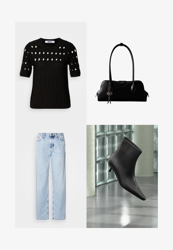 Suéter negro de punto con mangas cortas, textura acanalada y escote redondo. Múltiples agujeros recortados crean un patrón en la parte frontal.; Jeans de pierna ancha en azul claro, confeccionados en denim, con una cintura alta, un lavado desgastado y un sutil patrón de tie-dye en la parte delantera.; Bota de cuero negro para el tobillo con puntera puntiaguda y tacón pequeño, exhibida frente a una pared de bloques de vidrio y un suelo pulido.; Bolso de mano negro de cuero Calvin Klein con asas largas, una etiqueta con el logo frontal y un colgante geométrico plateado que cuelga de una de las asas.